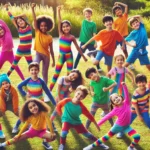 Happy children in bright workout clothes doing different exercises