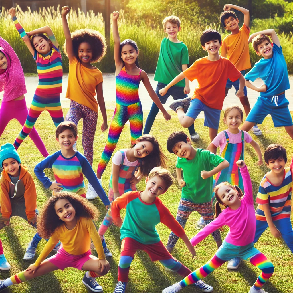 Happy children in bright workout clothes doing different exercises