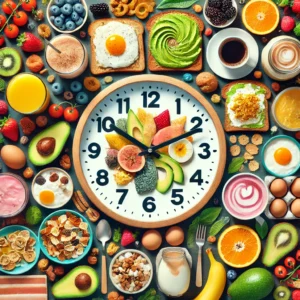 Collage of quick breakfast ideas surrounding a clock showing 7:00 AM